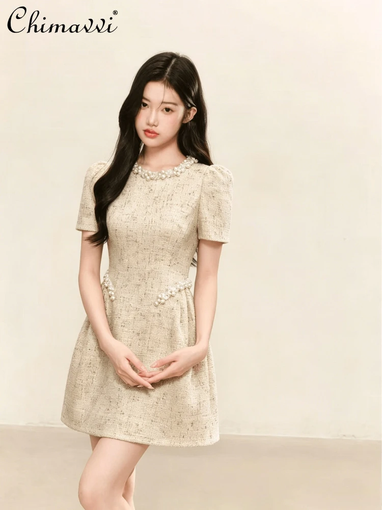 

2026 Summer French Elegant Fashion Bead Crew Neck Puff Sleeve High Waist Slim A-line Socialite Evening Party Short Dress Women