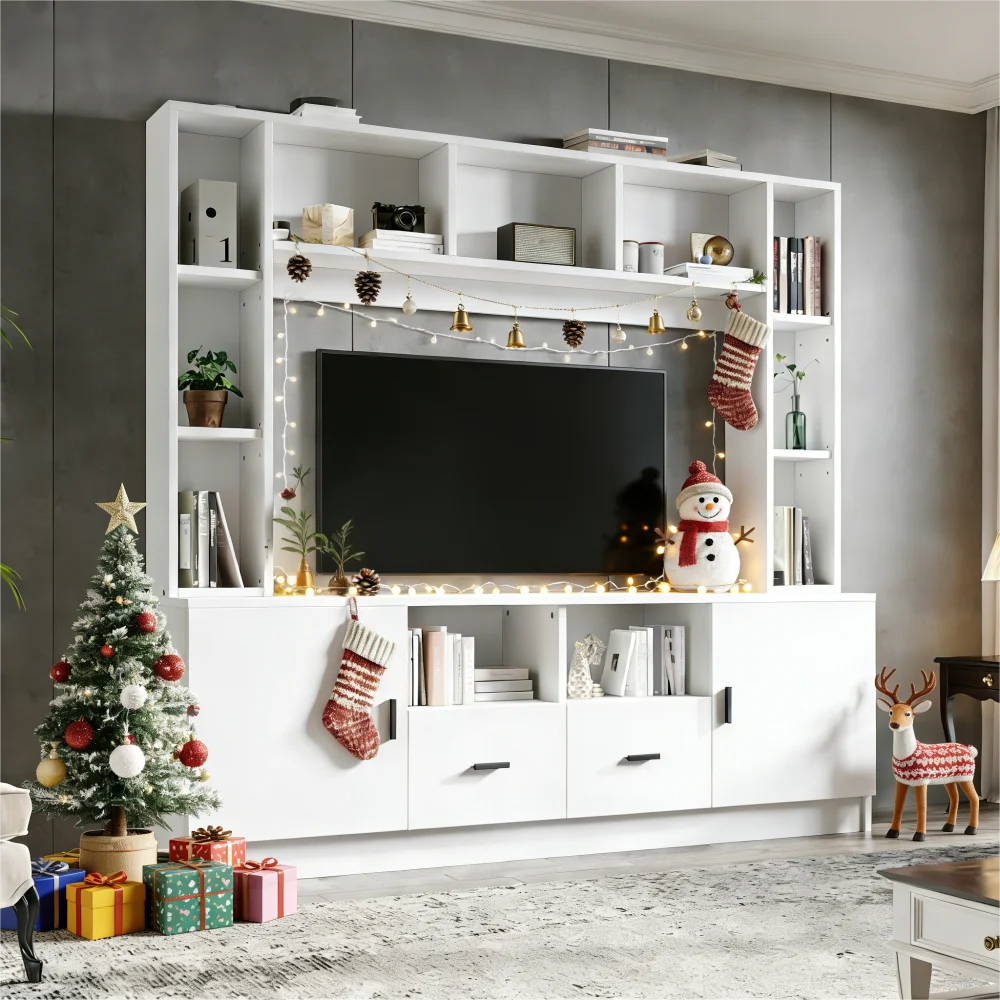 Ensemble mural TV 180*35*170cm avec vitrine, ensemble meuble TV, 2 armoires, 2 tiroirs, 11 compartiments de rangement, TV jusqu'à 60'