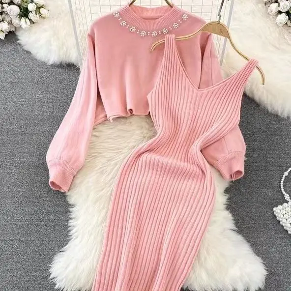 Korean Elegant Two-piece Dress Sets Women O-neck Long Sleeves Knitted Sweater + Long Slip Dress Autumn Winter Y2K Skirts Suit