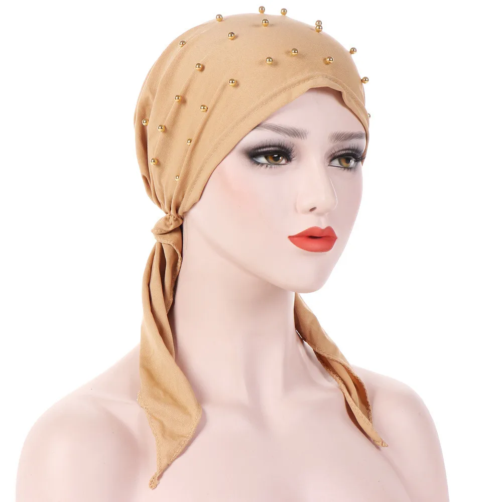 

Women'S Fashion Solid Color Turban India Beading Muslim Stretch Turban Hat Cotton Head Scarf Wrap Islamic Headscarf