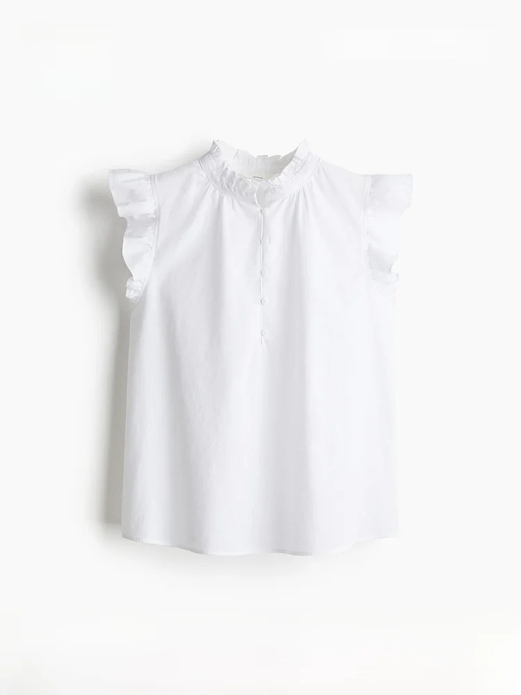 

H&M Women's Casual Style Loose Fit Short Sleeve Red Shirt with Wood Grain Ruffle Collar Linen Blend Summer Fashion Top