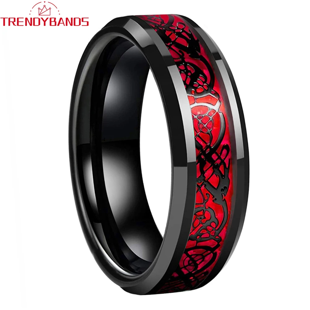 Anillo de carburo de tungsteno negro para hombre y mujer, banda de boda pulida, Ópalo rojo brillante, incrustaciones de dragón, ajuste cómodo con