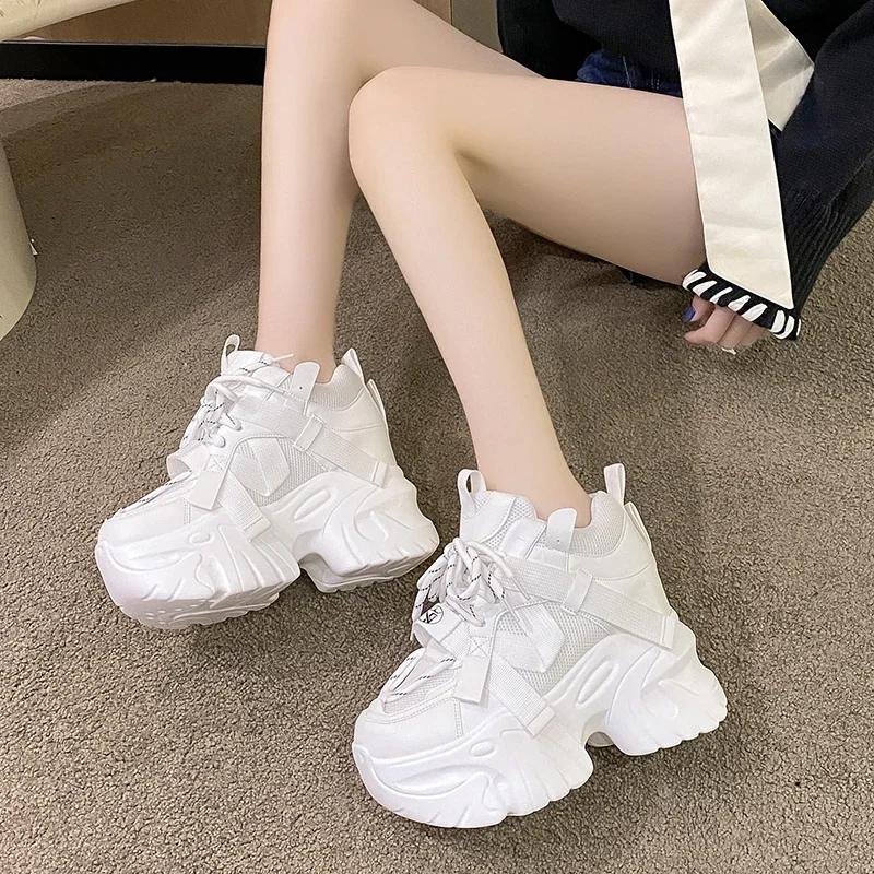 10.5cm Spring Autumn Women Casual Platform Sneakers High Heels Warm Sports Leather Shoes Trainers Chunky Sneakers Zapatos Mujer