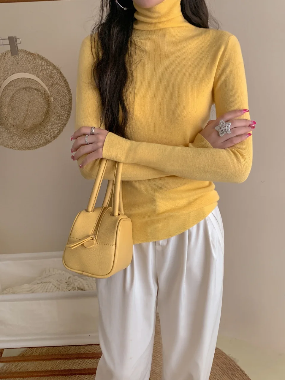 Birdtree 100% Sheep Wool Elegant Thin Style Base Sweater, Woman Autumn High Collar Full Sleeve Solid Color Knit Tops T58122JF
