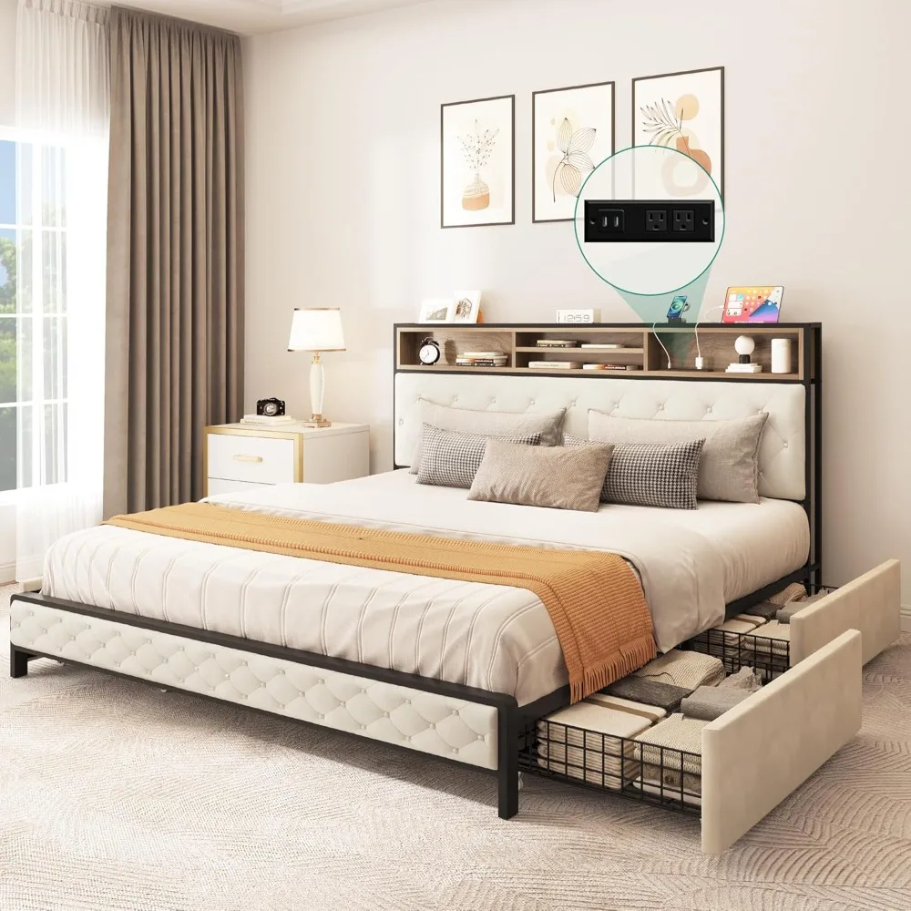 King Size Bed Frame with 4 Storage Drawers, Platform Bed Frame with USB Charging Station and Upholstered Headboard,