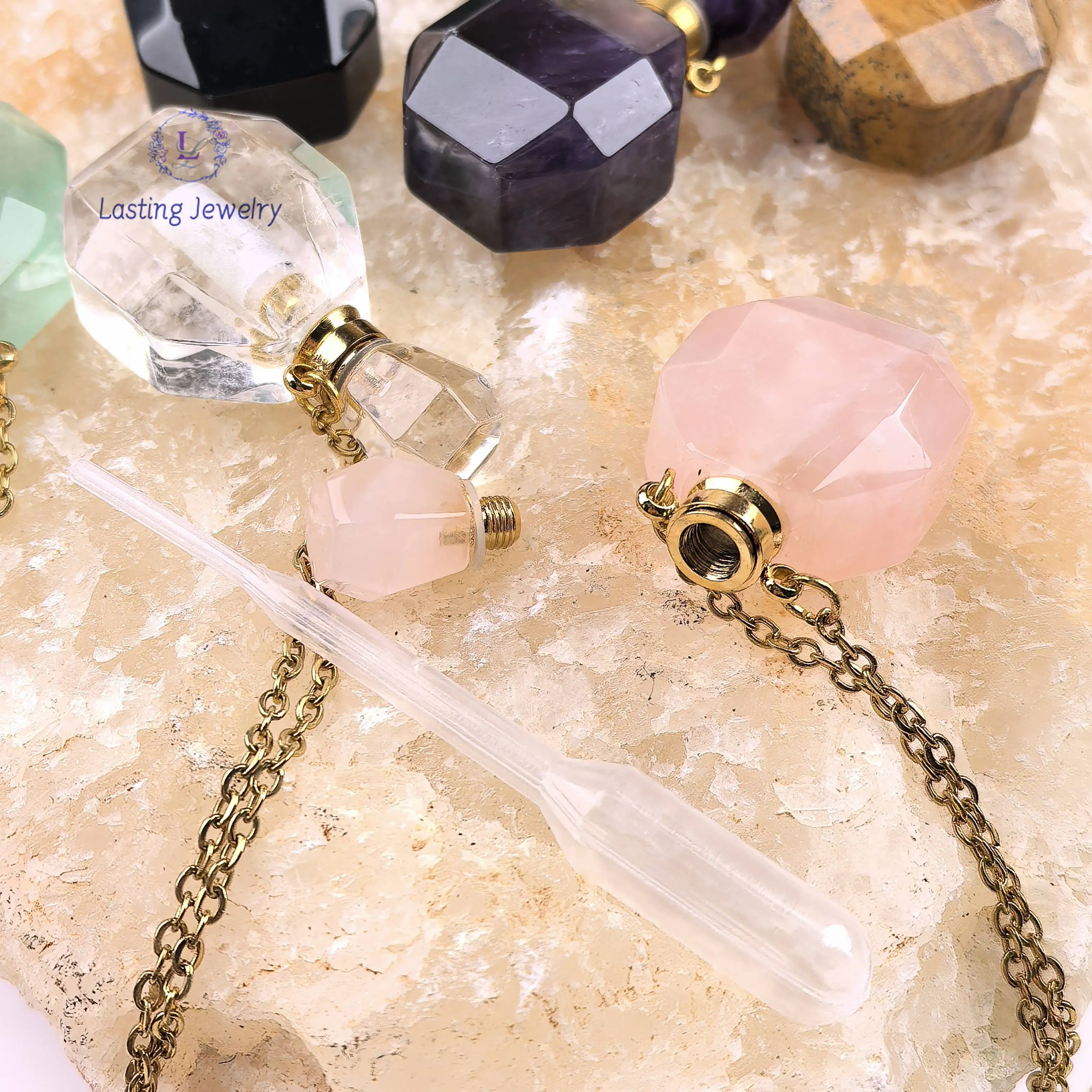 Amazonite Rose Quartz Essential Oil Diffuser Vial Pendants Healing Crystal Obsidian Perfume Bottle Charms Necklace Women Jewelry