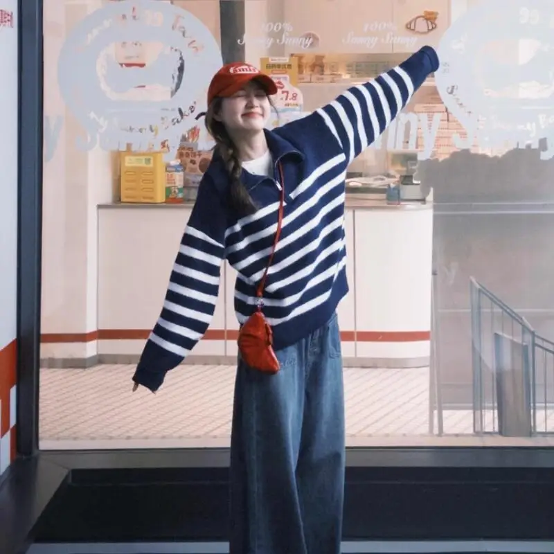 

Свитер в полоску с лацканами, женский трикотаж, свободный ленивый осенне-зимний мягкий и липкий дизайн, нишевые топы, новая женская одежда