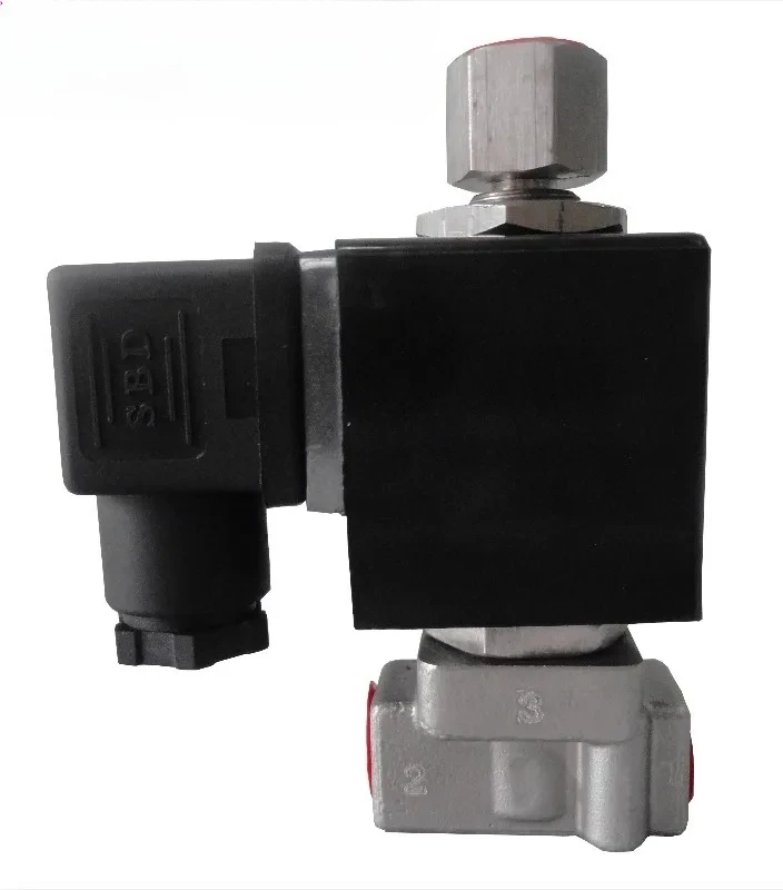 One in and two out micro switch, normally closed single coil small diameter high voltage two position three way solenoid valve