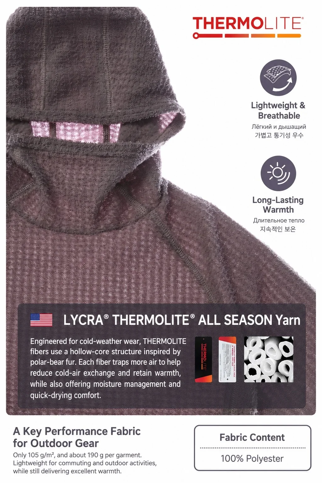 THERMOLITE ® Ganzjahres-Waffelstrick-Hoodie Unisex Damen Leichter Atmungsaktiver Raglan Langarm-Pullover Midlayer Outdoor-Oberteil – Detail 4