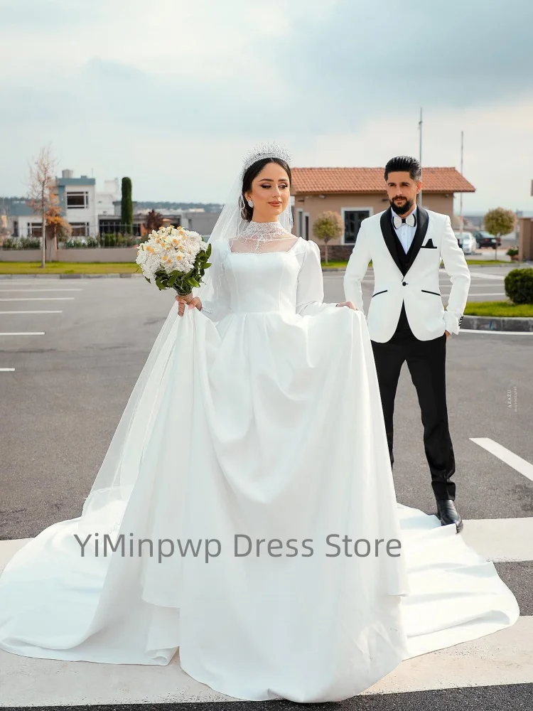 فساتين حفلات الزفاف المقدسة رقبة عالية وأكمام طويلة على شكل حرف a فستان عرائس مع خرز فستان زفاف الكنيسة مخصص رداء السهرة
