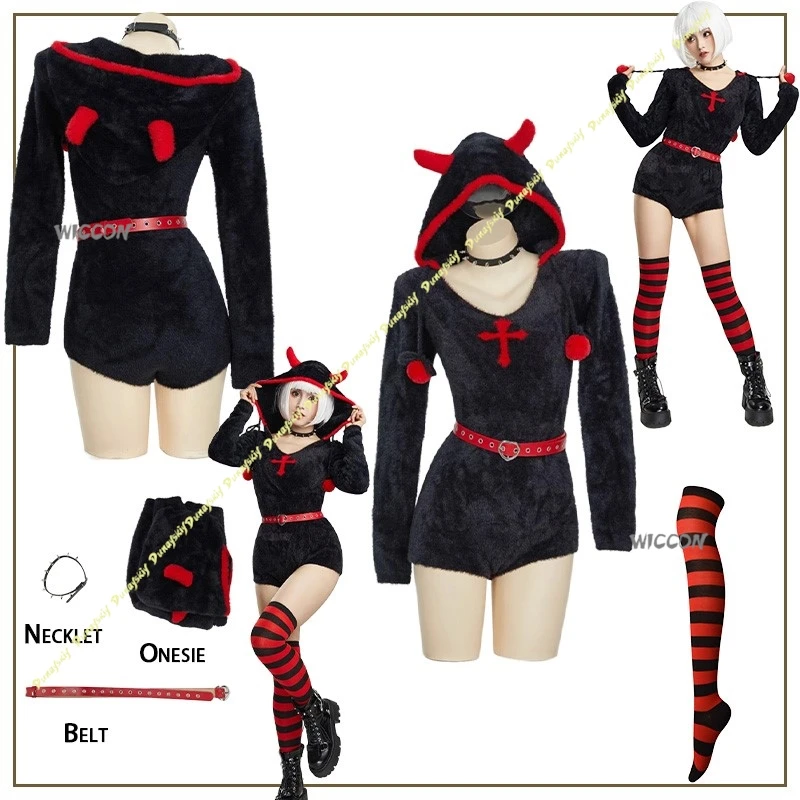 

Gothic Cosplay Costumes Girls Cute Anime Plush Home Jumpsuit Women Socks Red Onesie Necklet Daily Furry Suit Christmas Halloween