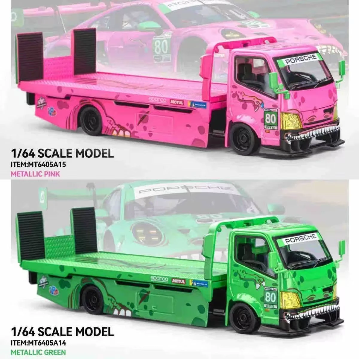 Mega Gear 1:64 Porsche 911 Rexy Roxy Set de Remolque de Plataforma Plana Modificado con Piso Completo, Modelo de Coche Fundido a Presión, Colección de Adornos, Regalo