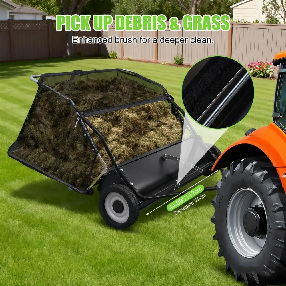 

44-дюймовая прицепная машина для уборки листьев, регулируемая высота подметания, большой объем контейнера для сбора листьев и травы, мощная подметальная машина для двора