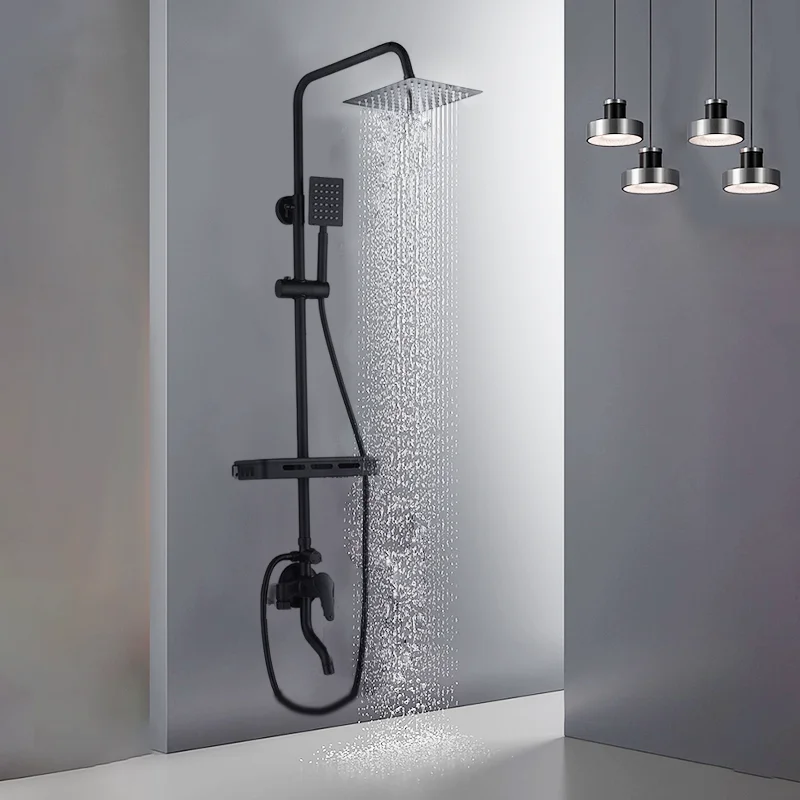 Regenval Badkamer Douche Full Set Home Black Douchekraan Wandgemonteerde Douche Sets Bad Kraan Douchekop