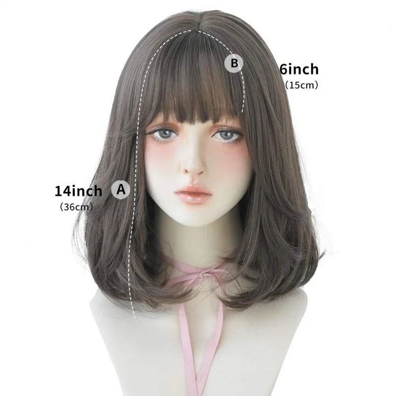 باروكة شعر قصيرة مستقيمة مع غرة، شعر مستعار بني صناعي عالي الكثافة للنساء (بني داكن، 14 بوصة)