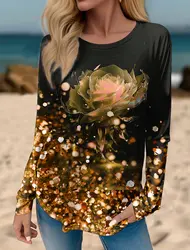 Women's T shirt Tee Graphic Rose Print Long Sleeve Daily Sweatshirt Weekend Fashion Crew Neck Regular Fit Painting Spring & Fall