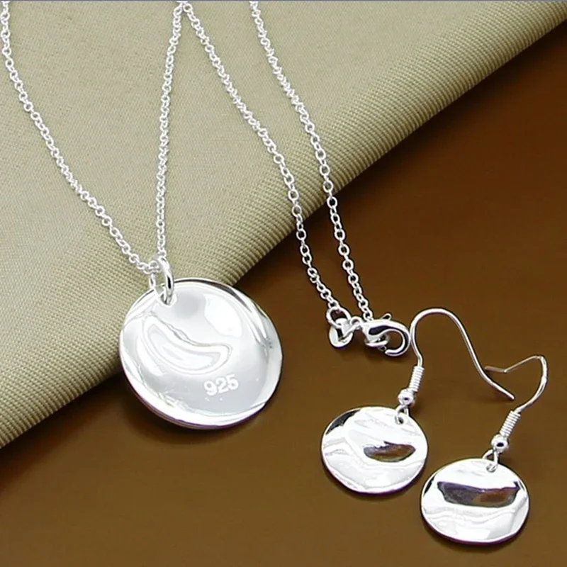 Brand New 925 Sterling Silver High Quality Jewelry Sets Simple Round Pendant Necklace Earrings Set Women Men Fashion Party Gift