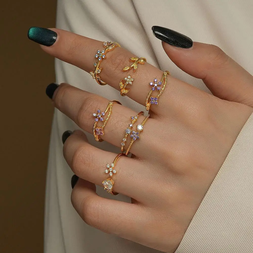 

Romantic Trendy 925 Sterling Silver 18K Gold Plated Fashion Jewelry Color Zircon Cute Flower Rings for Women