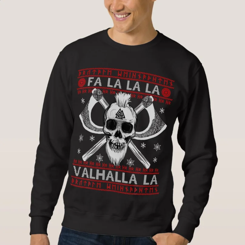 

Fa La Valhalla La Nordic Warrior Skull Ugly Christmas Sweater Sweatshirt 100% Cotton Casual Mens Pullover Hoodie Xmas Streetwear