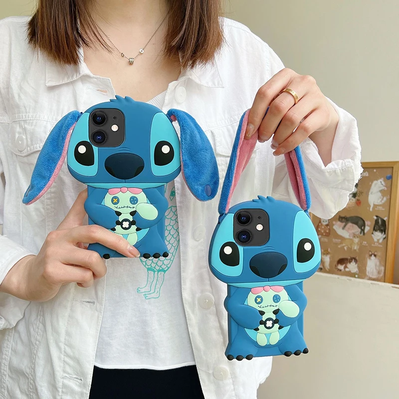 Stitch Plush Fur Ear 3D Case For Samsung Galaxy A06 A16 A13 A51 A32 A52 A52S A05 A05S A15 A25 A35 A55 5G Cartoon TPU Phone Cover