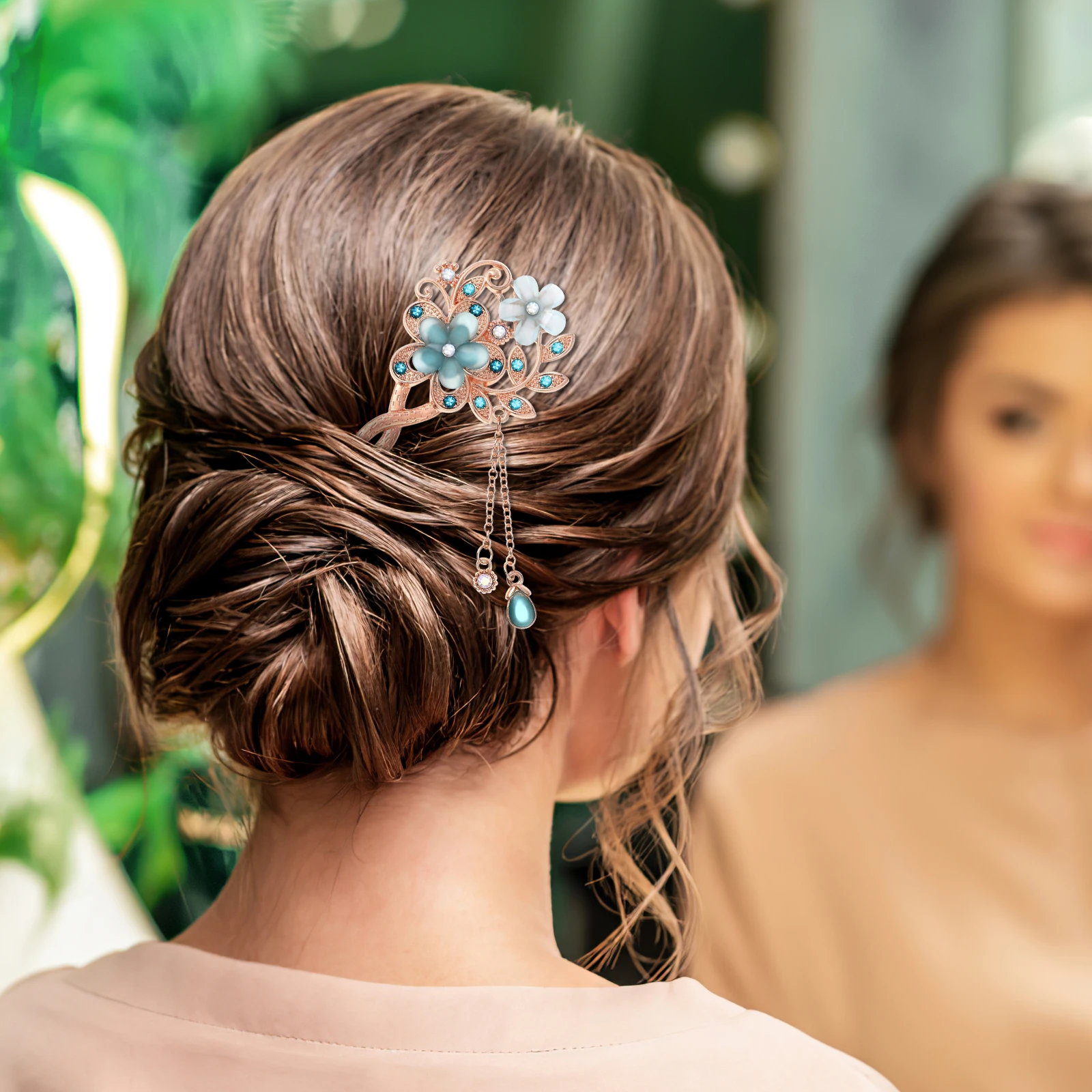

Delicate Flower Vintage Stick Rhinestone Ornament Creative Design Fork For Women Chinese Hairpins Accessories Wedding Party