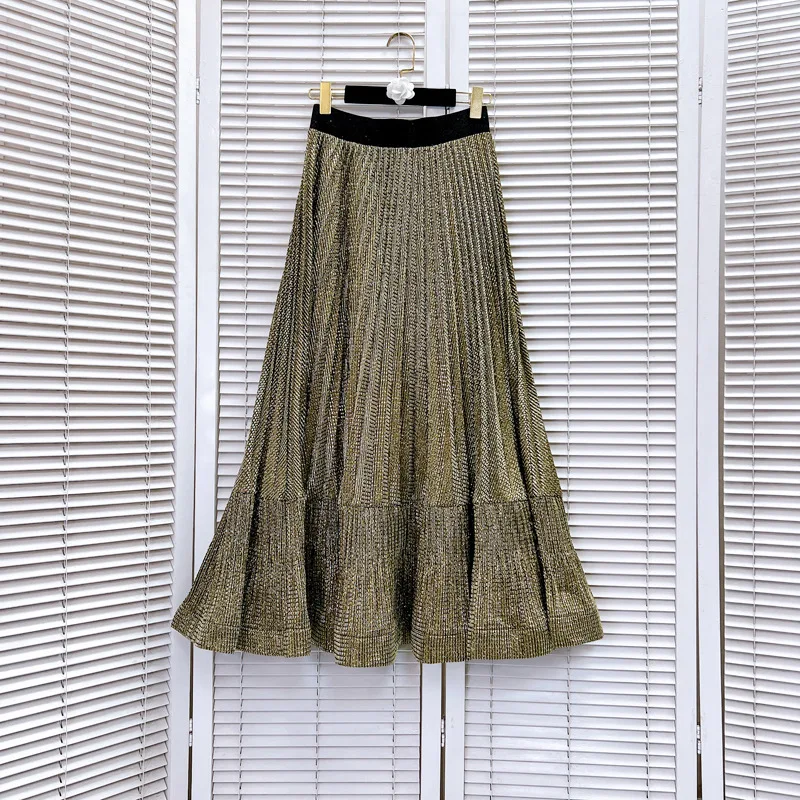 French Elegant High-End Bling Pleated Skirts Elastic High Waist A-Line Versatile Casual Temperament Long Skirt Women Summer 2025