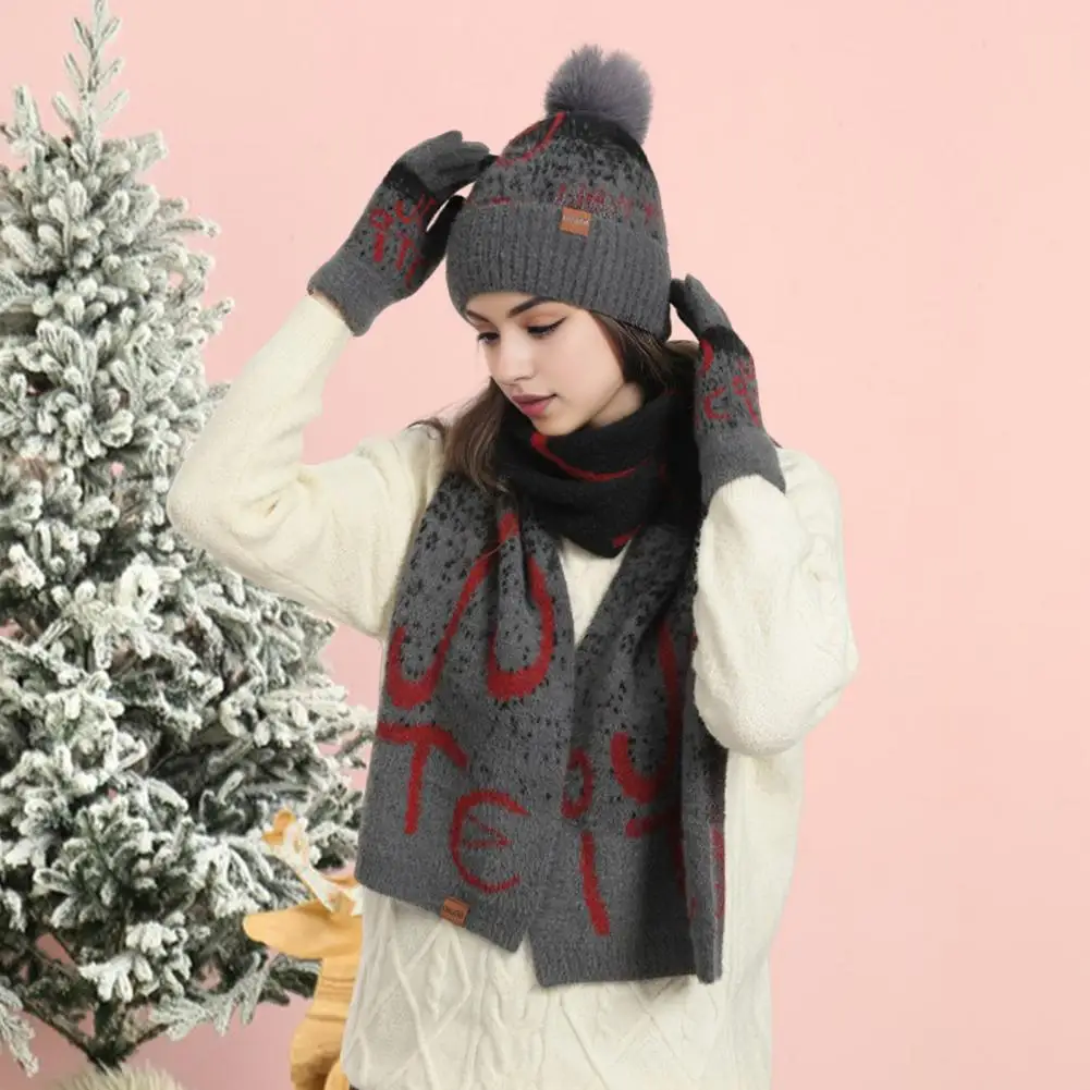 Christmas Themed Winter Hat 3-piece Unisex Christmas Knit Set Beanie Scarf Gloves Warm Winter Gift Dome Neck Wrap Thick Jacquard