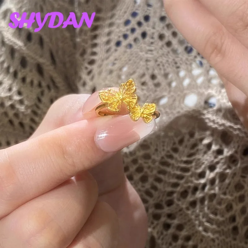 SHYDAN 925 Sterling Silver 18K Gold Double Butterfly Open Adjustable Rings For Women Engagement Fashion Jewelry