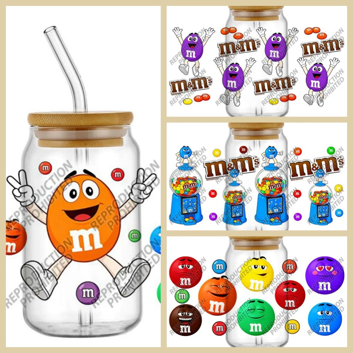 

High Quality 3D Cute Colored Chocolate Beans Decal UV DTF Cup Wrap for 16oz Libbey Glasses DIY Cartoon Mug Transfer Sticker