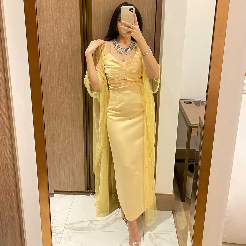 

Customized Yellow Satin Sheath Prom Dress Spaghetti Strap V-Neck Pleated Tulle Shawl Sleeveless Temperament Elegant Ladies' Part