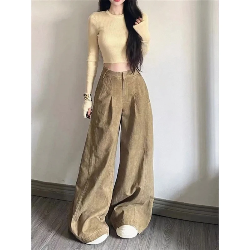 Retro American Washed Khaki Wide Leg Jeans Women's Spring Autumn Loose Lazy Loose Draping Floor-Length Pants