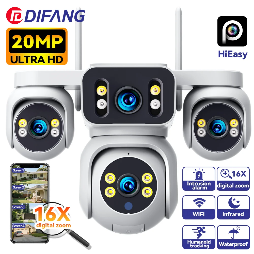 

DIFANG 10K 20MP Four Screens WiFi Camera 16X Zoom CCTV Surveillance Outdoor Waterproof Four Lens Home WiFi Security Camera