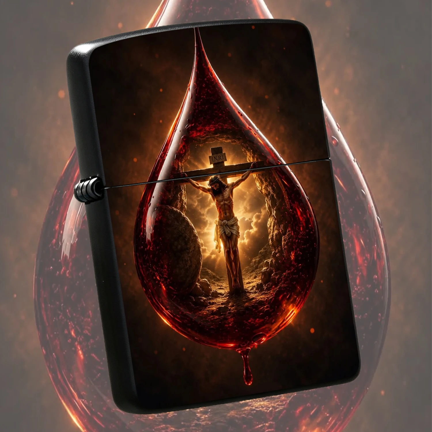 Creative Religious Themed With Exquisite Printed Jesus Cross Holy Blood Droplet Pattern, Windproof Retro Portable, Meaningful Faith Keepsake, Durable Practical Igniter For Daily Use, Gifting And Personal Collection A Fun And Humorous Lighte