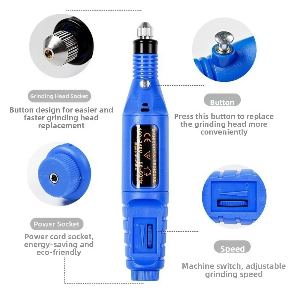 Set di levigatrici per unghie ad alta velocità Strumento portatile professionale per lucidare le unghie Rimozione della pelle morta con penna per levigatura da 6 punte da trapano