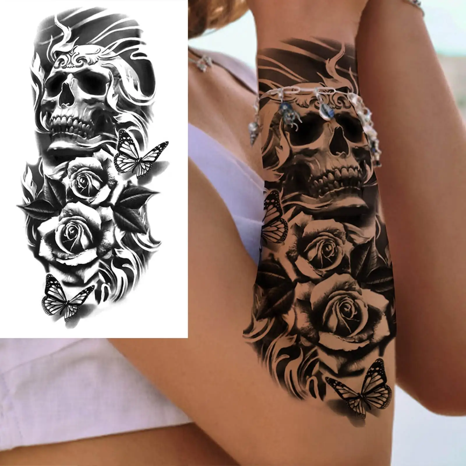 1 Sheet Skeleton Temporary Tattoos For Women Men Fake Death Skull Flower Tattoo Sticker Body Art Drawing Arm Forearm Waist Back