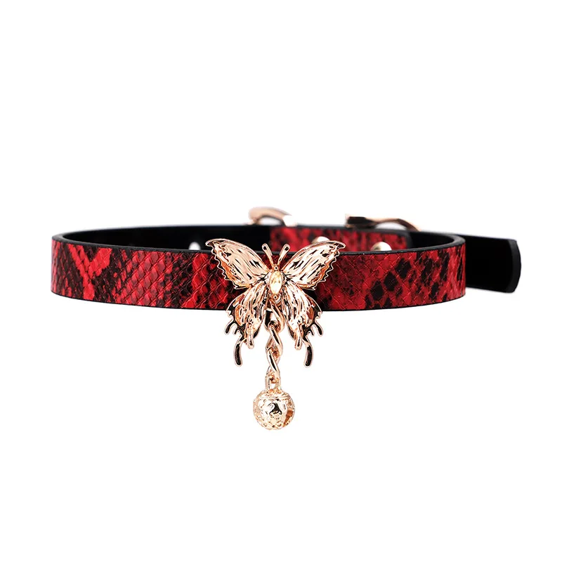 

Gothic Punk Red Snake Pattern Choker Necklace, Faux Leather Collar with Rose Gold Butterfly Pendant & Bell Adult Games