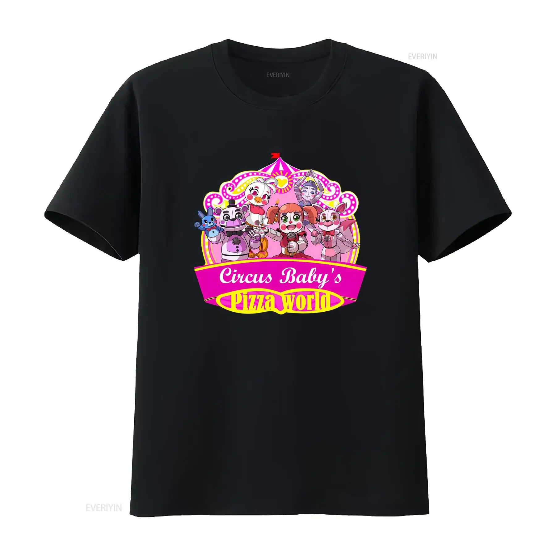 Camiseta negra con Logo del mundo de Circus Baby Pizza para hombre, talla S a 5XL, vintage, lavada, informal, suave, versátil, elegante, a la moda