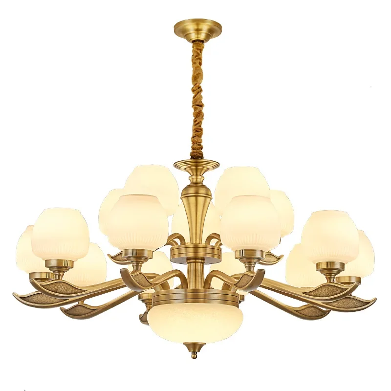

American pure copper chandelier, living room light, dust-proof sealing lampshade, restaurant, villa, duplex staircase
