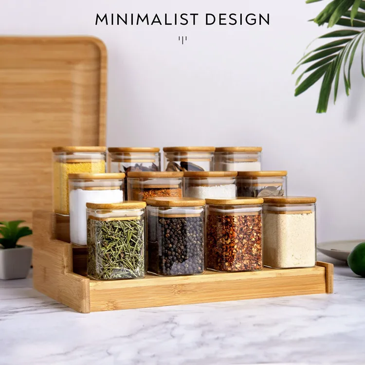 Kitchen Caster Storage Racks Three-layer Ladder Bamboo Seasoning Rack Spice Jar Holders