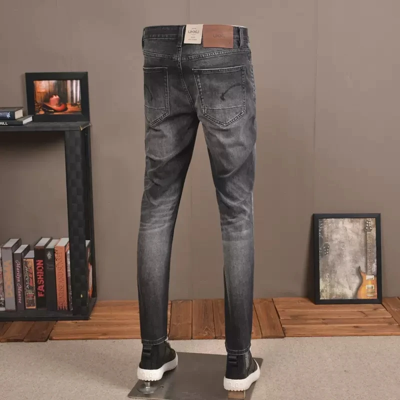 Novo designer de moda masculina calças jeans retro preto cinza elástico fino ajuste rasgado jeans calças masculinas casuais do vintage denim calças hombre