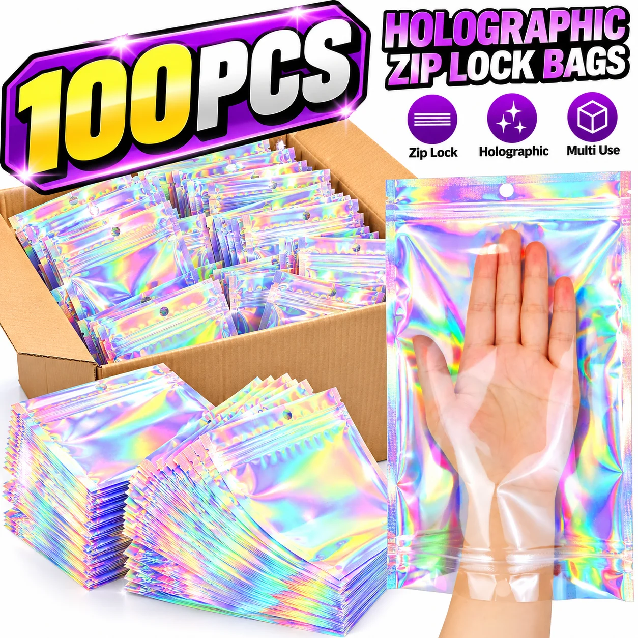 Holographic Resealable Mylar Bags Ziplock Candy Suger Tee Jewelry Beauty Storage Bag