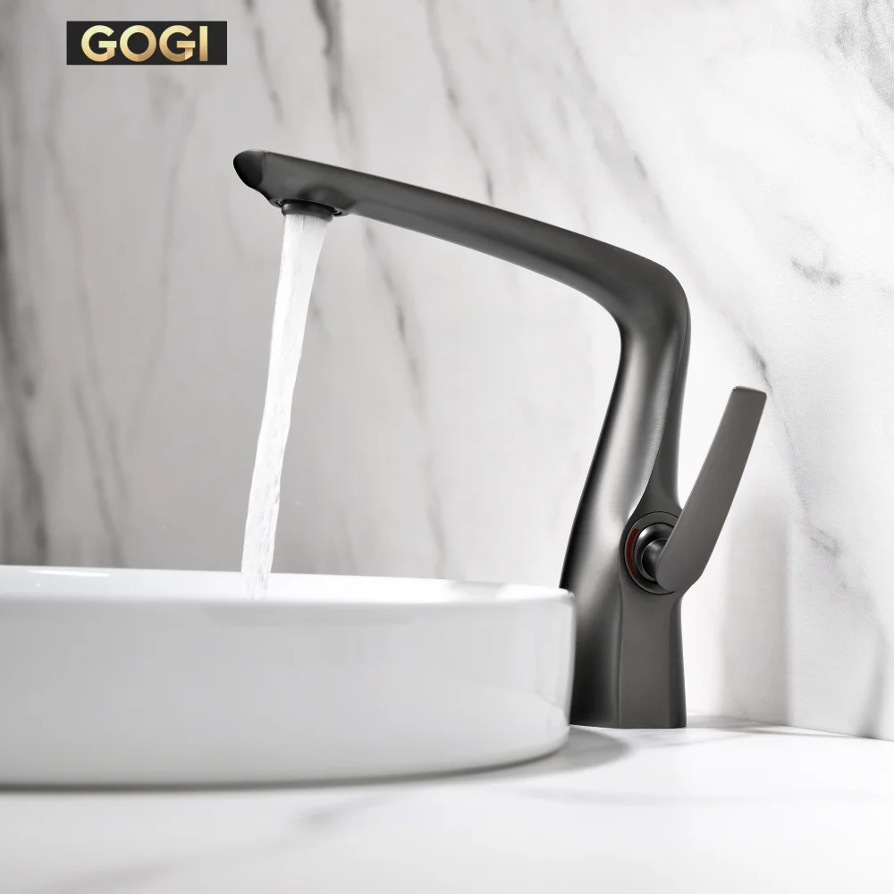 GOGI Gun Gray Brass Bathroom Faucet Single Handle Cold Hot Water Mixer Tap Ceramic Valve Core High‑Arc Curved Spout Sink Basin F