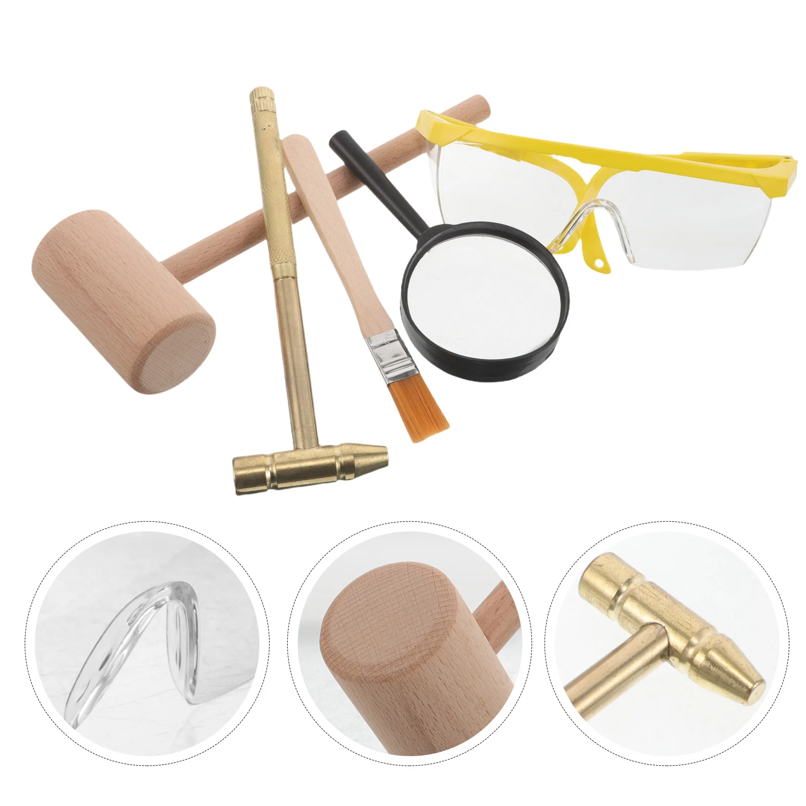 

1Set Childrens Exploration Tool Kit - Sturdy Wood Metal Hammers Goggles Brush Magnifier for Digging Learning Activities Science