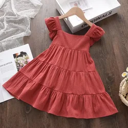 Summer Girls' Dress with Flying Sleeves Solid Color Black Fungus Edge Suspender Patchwork Skirt for Children Aged 2-6