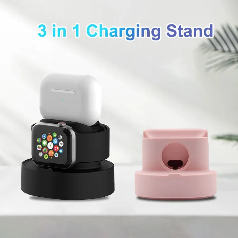 3 In 1 Watch Earphone Silicone Charging Stand for Apple Watch 7 6 5 4 3 2 1 SE IWatch IPhone Airpods Charger Base Dock Station