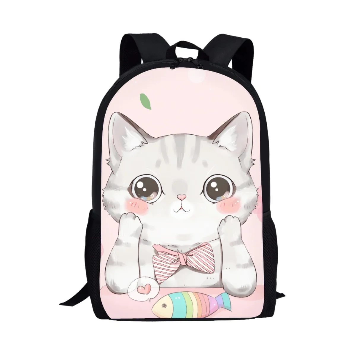 Precioso bolso escolar rosa con diseño de gato y pez, mochila informal con estampado de dibujos animados a la moda para mujer, bolso escolar bonito de gran capacidad para adolescentes y niñas