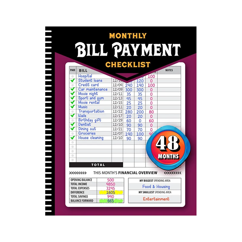 Bill Payment Checklist, planejador de orçamento mensal, Family Financial Organizer Book, Expense Tracker, 4-Year Guide Pagamento para pagamento fácil