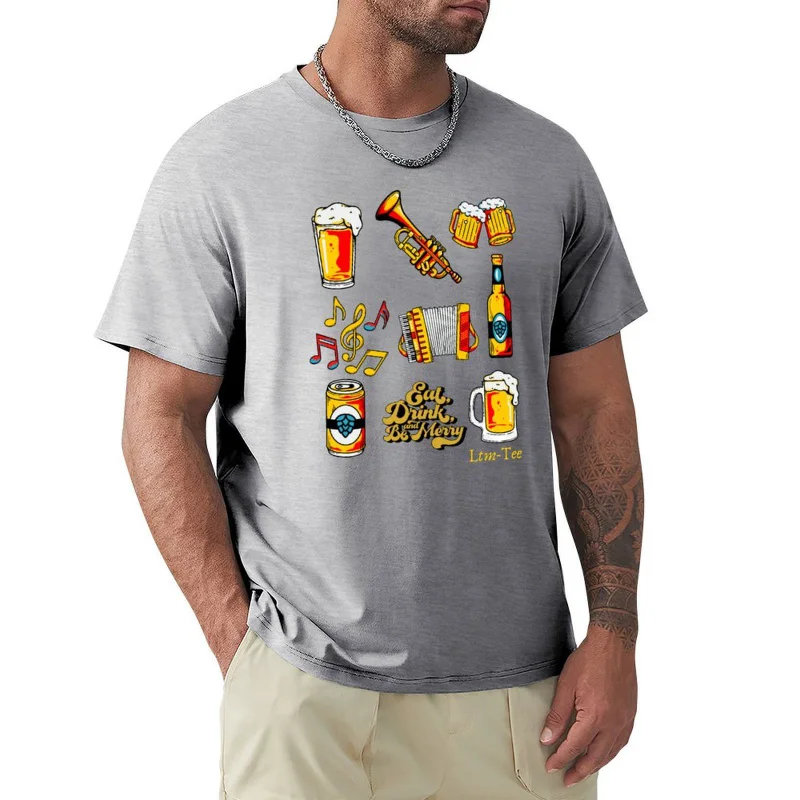 Cotton 100% Men Eat Drink And Be Merry Beer Music Instrument Graphic T-shirt Vintage Festival Casual Short Sleeve Tee