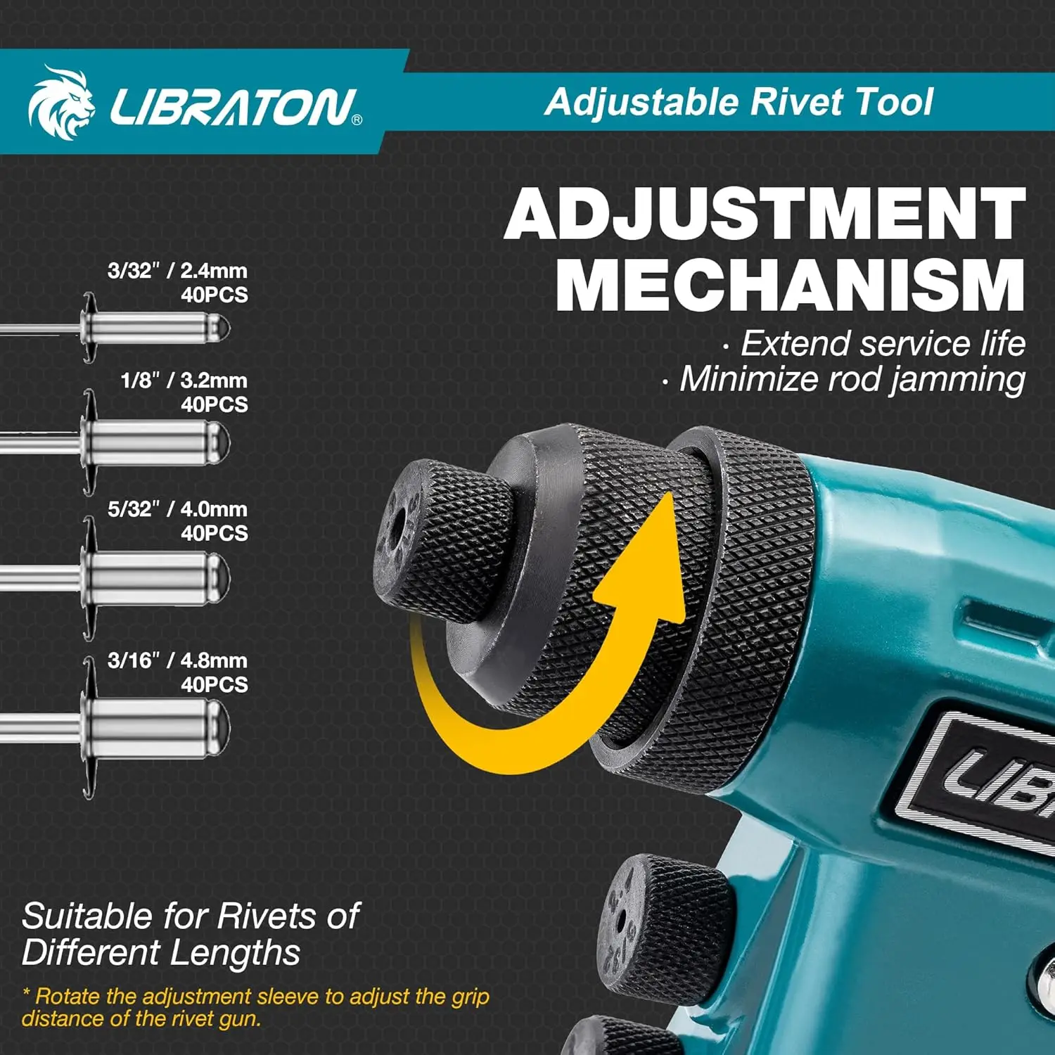 مجموعة مسدس برشام شديدة التحمل مع 160 برشام، 4 لقم ثقب، 4 فوهات، حقيبة تخزين