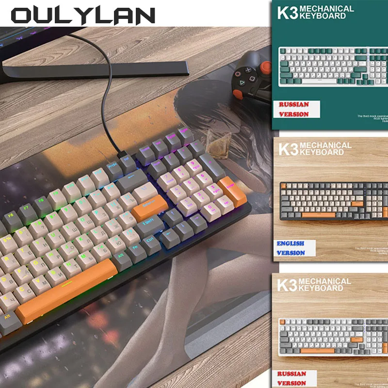 K3 Russian Mechanical Keyboard Type-C Wired 100 Keys RGB Light Keyboard Luminous Gaming Russian Keyboards Computer Accessories